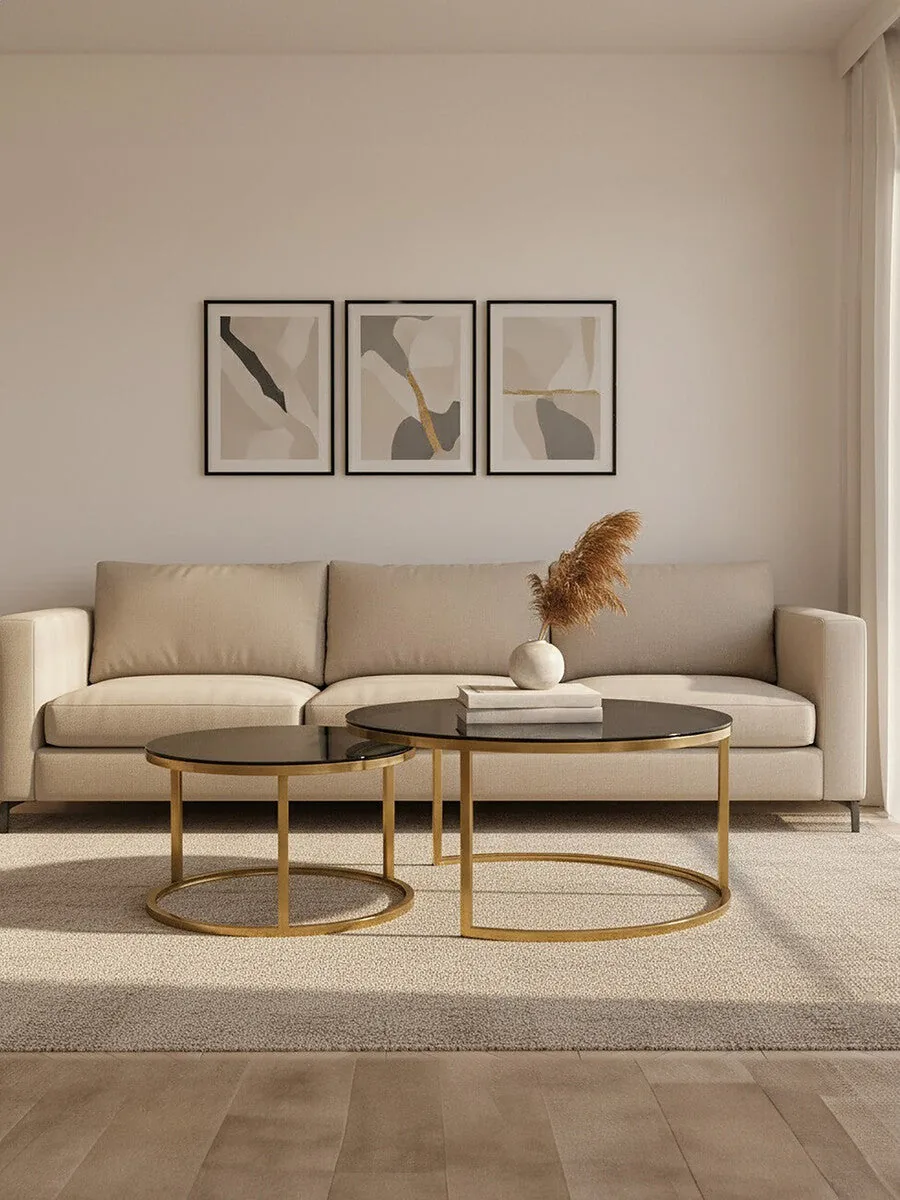 Set Of 2 Black Tinted Glass Round Tops Nesting Coffee Tables With Brushed Gold Stainless Steel Frames, Alana
