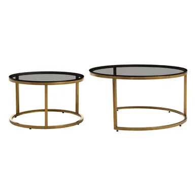 Set Of 2 Black Tinted Glass Round Tops Nesting Coffee Tables With Brushed Gold Stainless Steel Frames, Alana