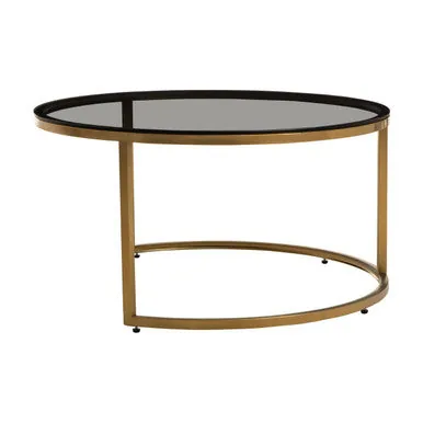 Set Of 2 Black Tinted Glass Round Tops Nesting Coffee Tables With Brushed Gold Stainless Steel Frames, Alana