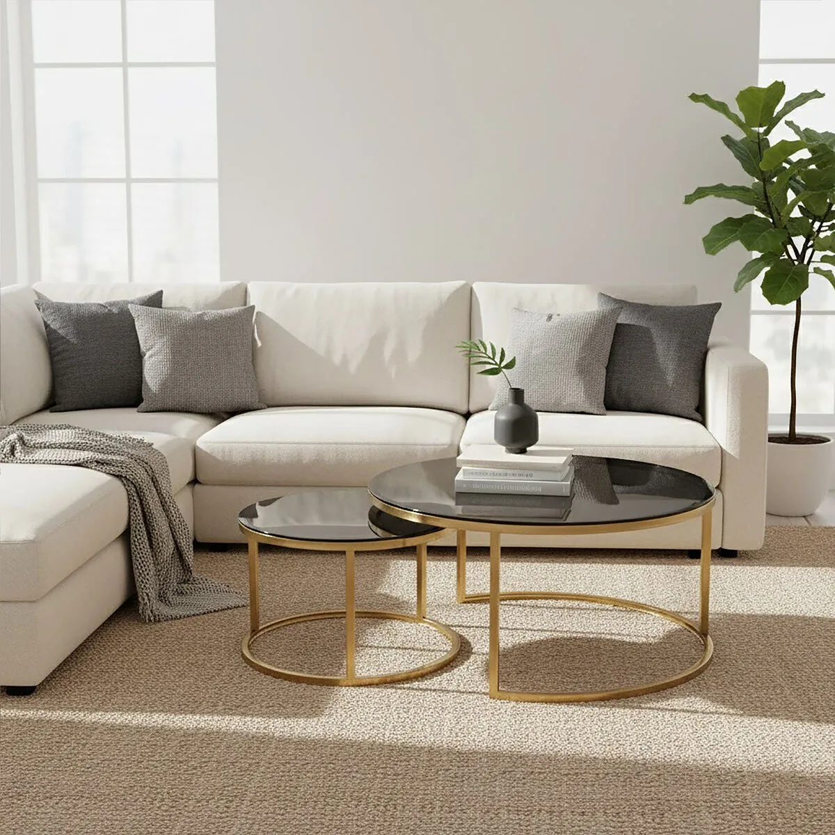 Set Of 2 Black Tinted Glass Round Tops Nesting Coffee Tables With Brushed Gold Stainless Steel Frames, Alana