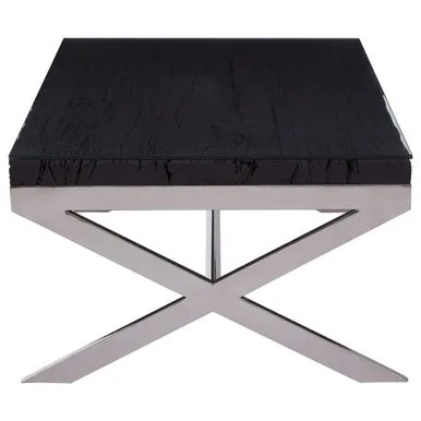 Square Black Wood & Clear Glass Top Coffee Table With Silver Cross Base, Kerala