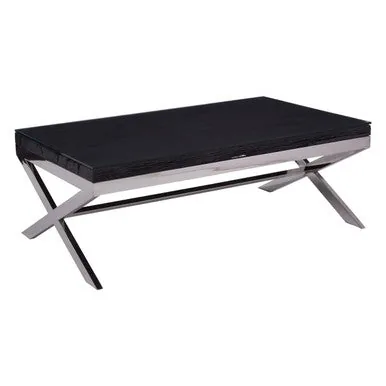 Square Black Wood & Clear Glass Top Coffee Table With Silver Cross Base, Kerala