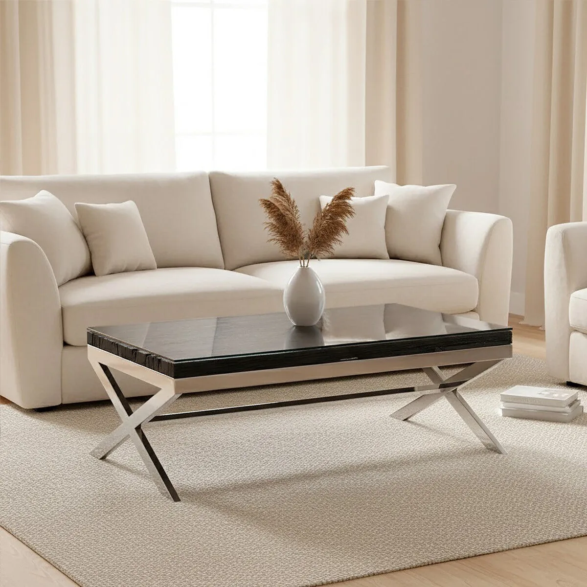 Square Black Wood & Clear Glass Top Coffee Table With Silver Cross Base, Kerala
