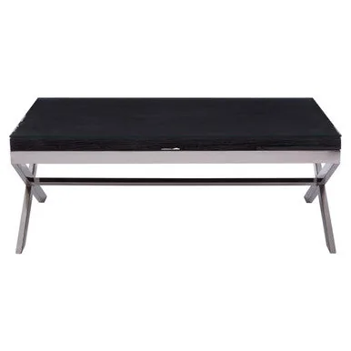 Square Black Wood & Clear Glass Top Coffee Table With Silver Cross Base, Kerala