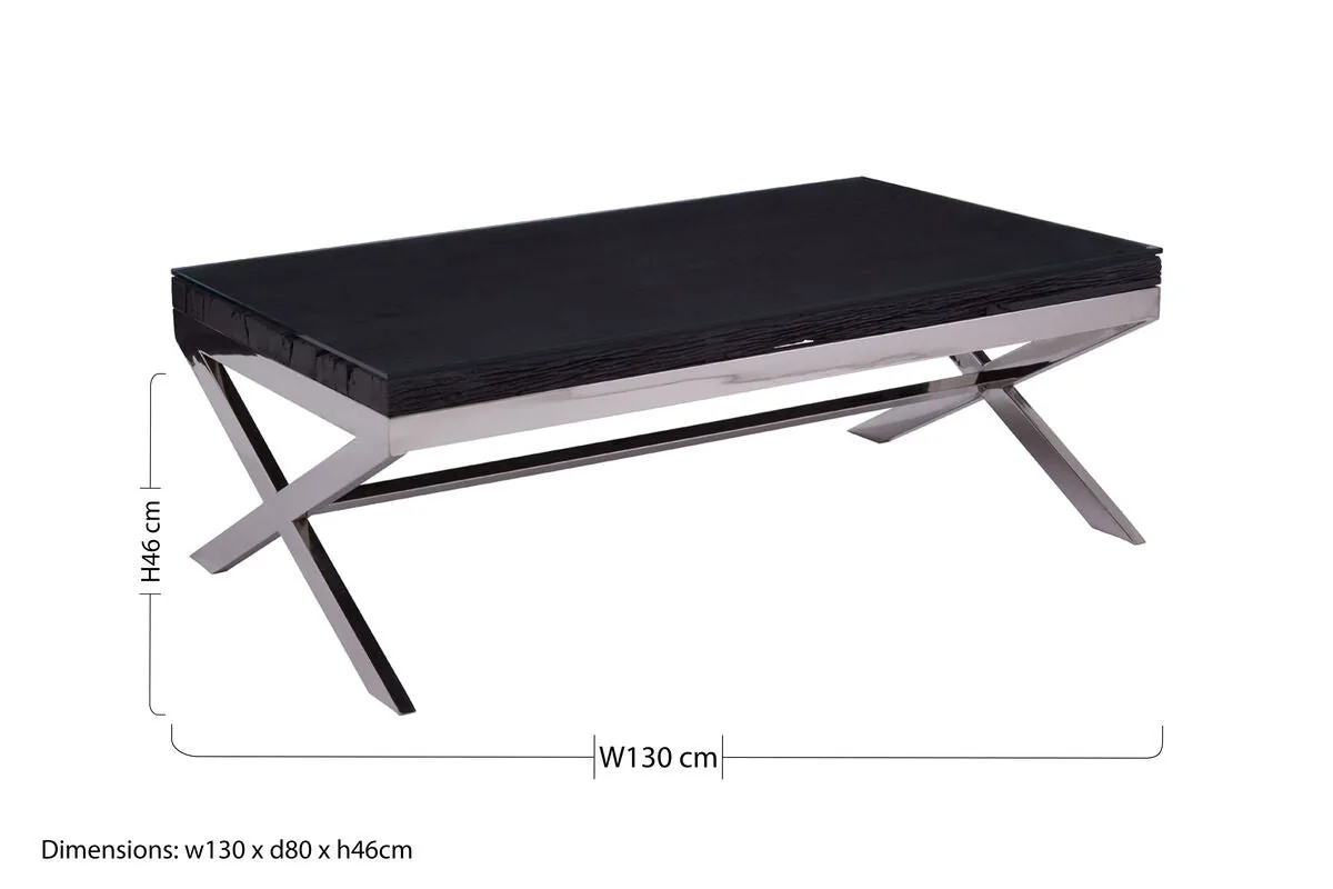 Square Black Wood & Clear Glass Top Coffee Table With Silver Cross Base, Kerala
