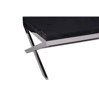 Square Black Wood & Clear Glass Top Coffee Table With Silver Cross Base, Kerala