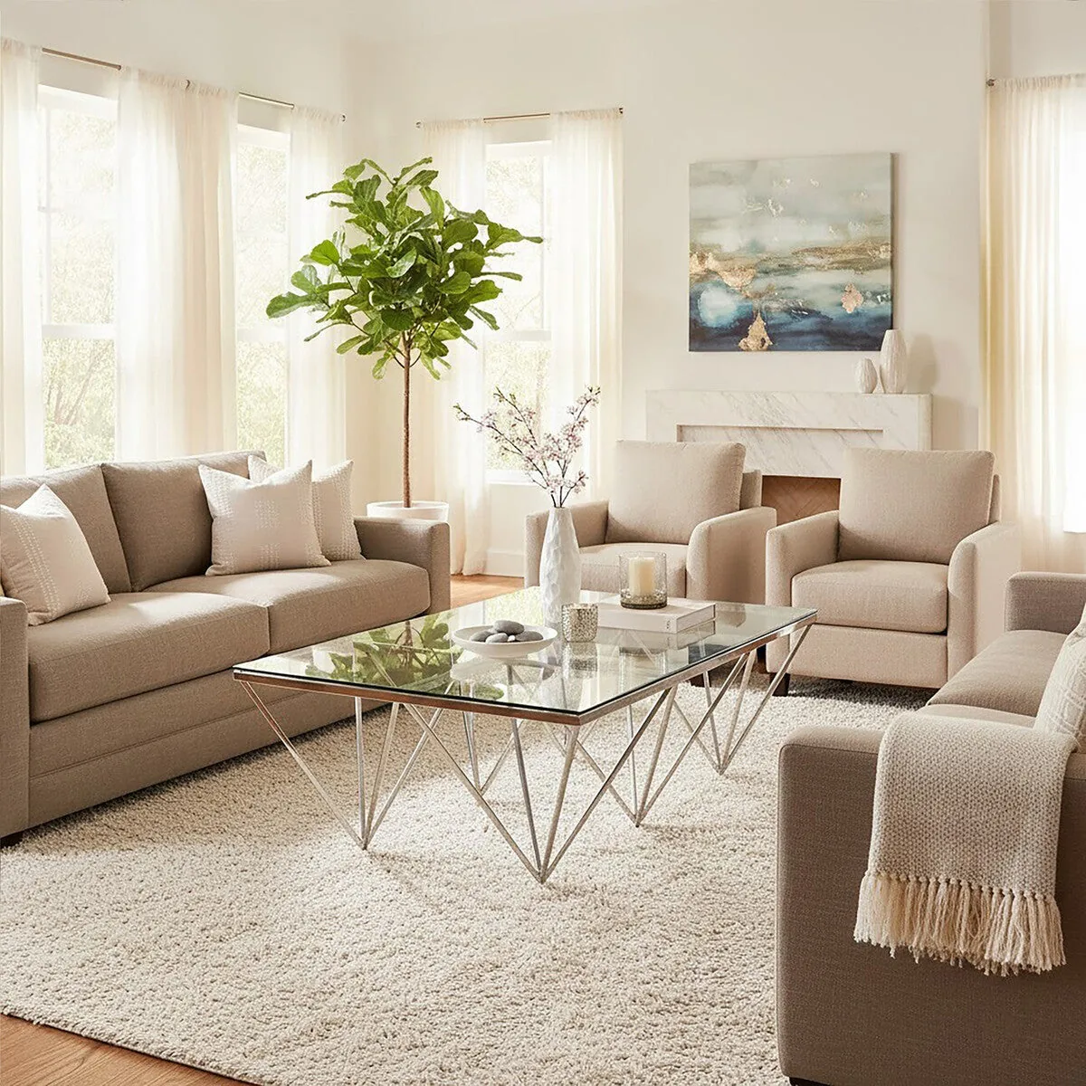 Silver Prismatic Base Coffee Table With Clear Glass Top & 6 Pincer Style Legs, Allure