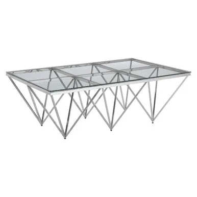 Silver Prismatic Base Coffee Table With Clear Glass Top & 6 Pincer Style Legs, Allure