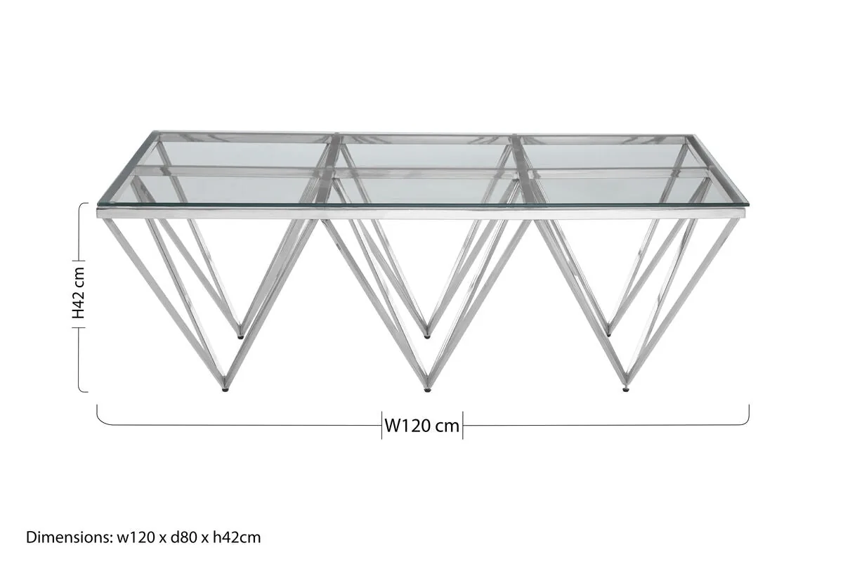 Silver Prismatic Base Coffee Table With Clear Glass Top & 6 Pincer Style Legs, Allure