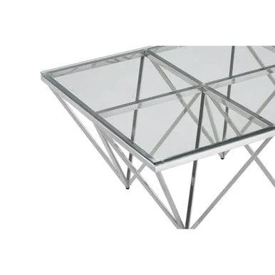 Silver Prismatic Base Coffee Table With Clear Glass Top & 6 Pincer Style Legs, Allure