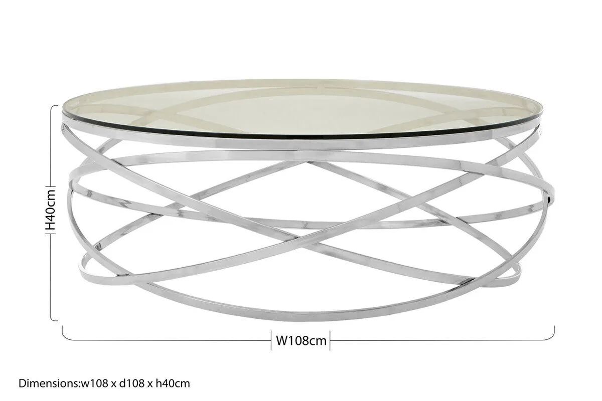 Round Tempered Glass Top Coffee Table With Silver Swirl Stainless Steel Hoop Base, Allure