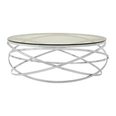 Round Tempered Glass Top Coffee Table With Silver Swirl Stainless Steel Hoop Base, Allure