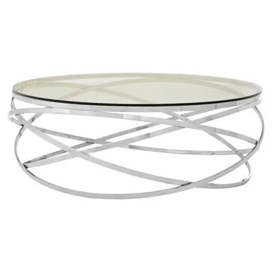 Round Tempered Glass Top Coffee Table With Silver Swirl Stainless Steel Hoop Base, Allure