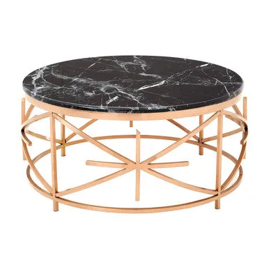 Rose Gold Stainless Steel Frame Coffee Table With Black Marble Top, Alvaro
