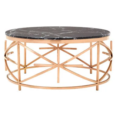 Rose Gold Stainless Steel Frame Coffee Table With Black Marble Top, Alvaro