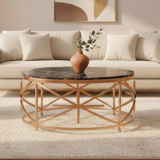 Rose Gold Stainless Steel Frame Coffee Table With Black Marble Top, Alvaro