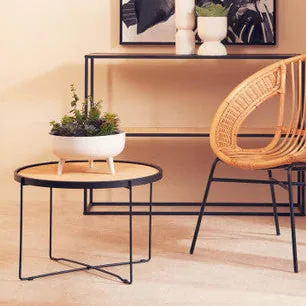 Natural Rattan Round Coffee Table With Black Cross Metal Legs, Depok