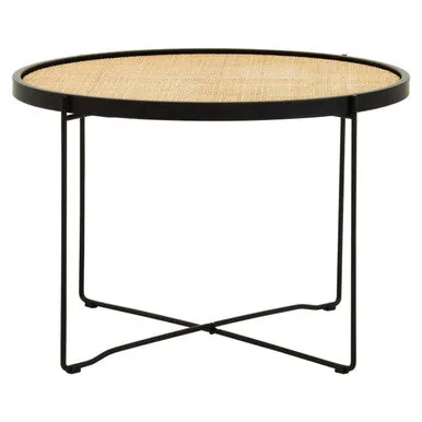 Natural Rattan Round Coffee Table With Black Cross Metal Legs, Depok