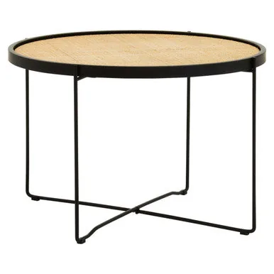 Natural Rattan Round Coffee Table With Black Cross Metal Legs, Depok