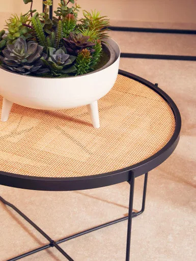 Natural Rattan Round Coffee Table With Black Cross Metal Legs, Depok