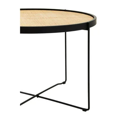 Natural Rattan Round Coffee Table With Black Cross Metal Legs, Depok