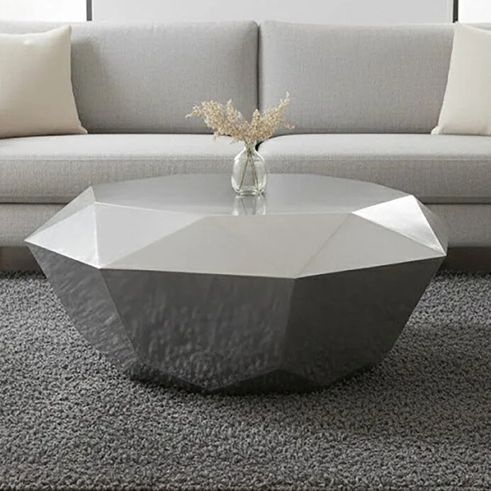 Silver Diamond Cut Stainless Steel Coffee Table With Hexagonal Tabletop, Allure