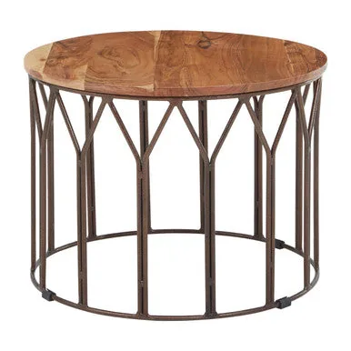 Natural Solid Acacia Wood Round Coffee Table With Dark Geometric Lattice Metal Frame, Boho