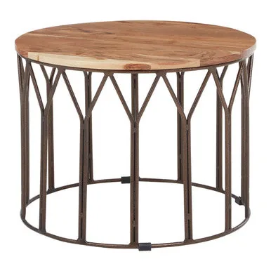 Natural Solid Acacia Wood Round Coffee Table With Dark Geometric Lattice Metal Frame, Boho
