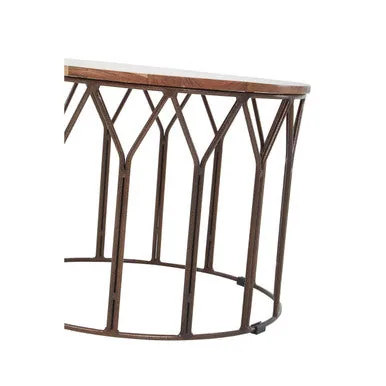 Natural Solid Acacia Wood Round Coffee Table With Dark Geometric Lattice Metal Frame, Boho