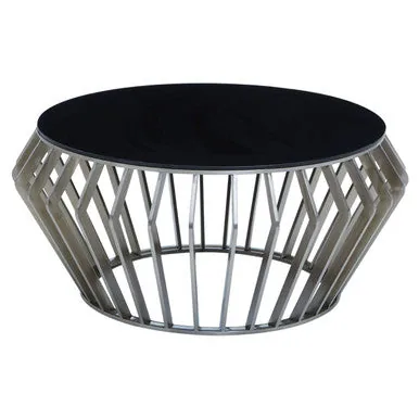 Silver Base Round Coffee Table With Black Glass Top, Ackley