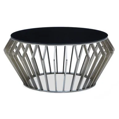 Silver Base Round Coffee Table With Black Glass Top, Ackley