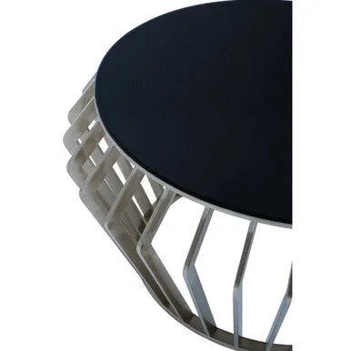Silver Base Round Coffee Table With Black Glass Top, Ackley