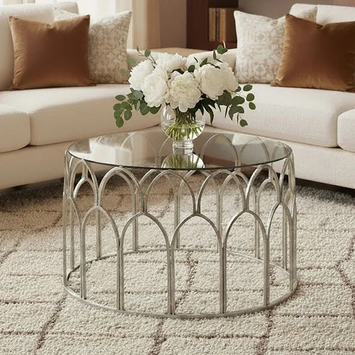 Round Glass Top & Silver Leaf Frame Coffee Table, Merlin
