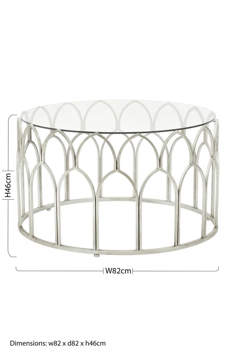 Round Glass Top & Silver Leaf Frame Coffee Table, Merlin