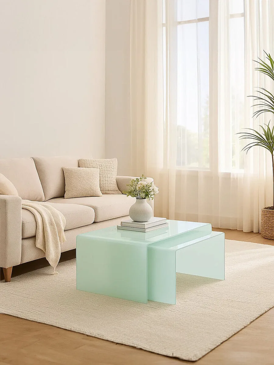 Nest Of 2 Aqua Green Curved Glass Coffee Tables, Cascade