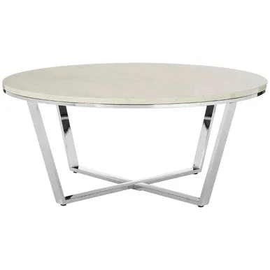 Round White Marble Coffee Table With Chrome Lattice Leg Design, Allure