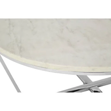 Round White Marble Coffee Table With Chrome Lattice Leg Design, Allure