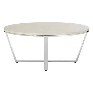 Round White Marble Coffee Table With Chrome Lattice Leg Design, Allure