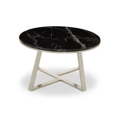 Silver Frame Coffee Table With Round Black Marble Top, Alvaro