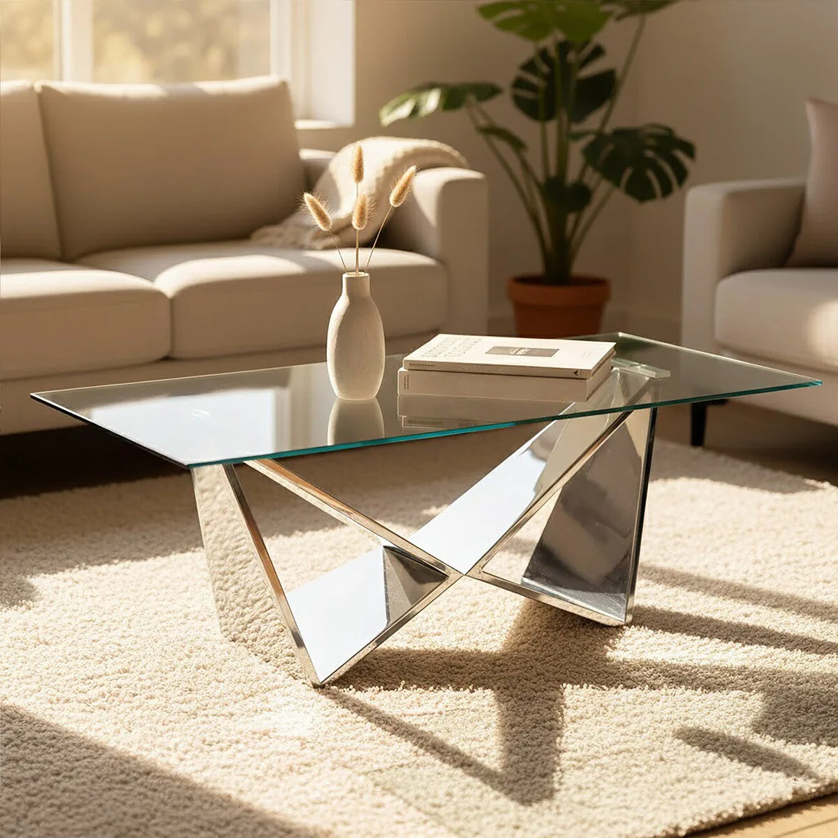 Silver Stainless Steel Wing Base Coffee Table With Clear Glass Top, Allure
