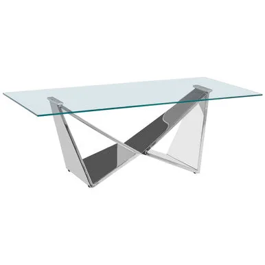 Silver Stainless Steel Wing Base Coffee Table With Clear Glass Top, Allure