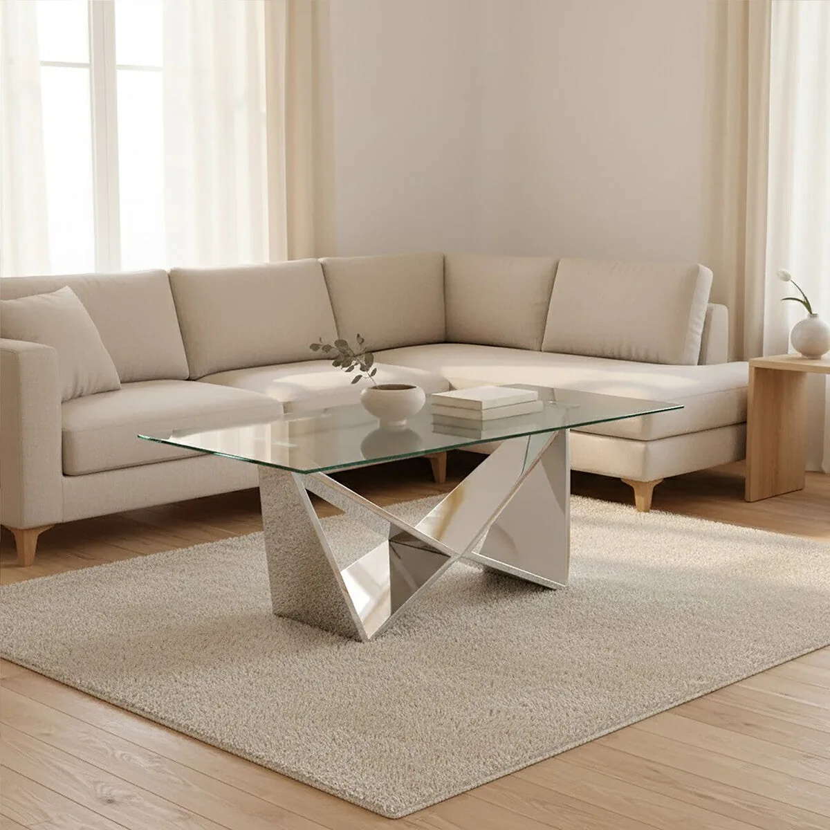 Silver Stainless Steel Wing Base Coffee Table With Clear Glass Top, Allure