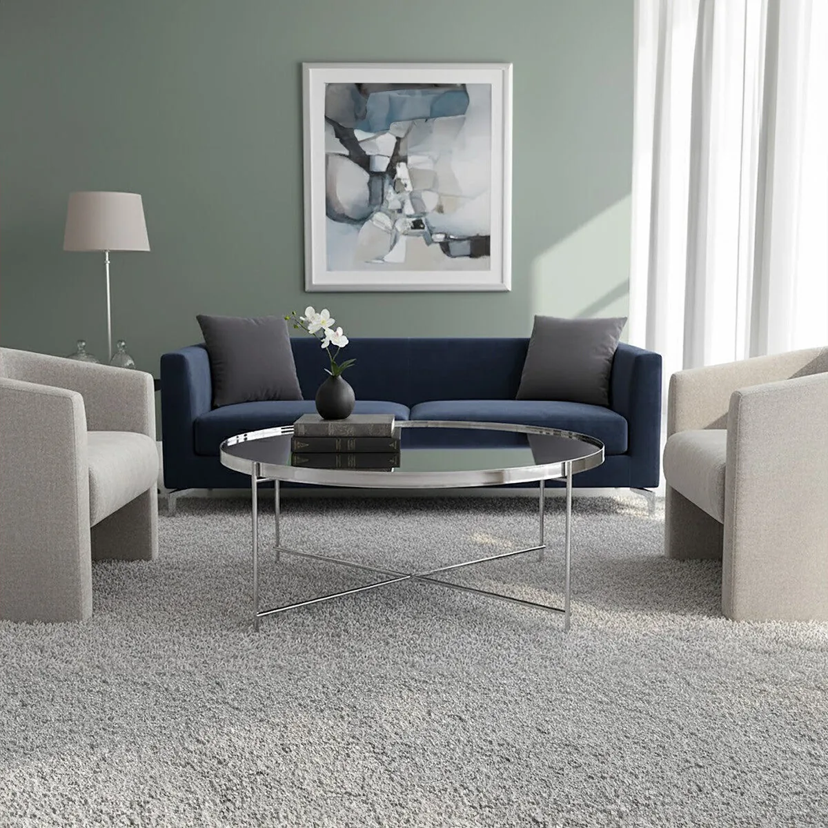 Silver Mirrored Glass Top Coffee Table With Chrome Metal Legs, Allure
