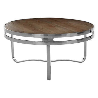 Natural Pine Wood Round Coffee Table With Metal Silver Curved Leg Base, Richmond