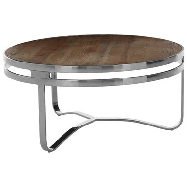 Natural Pine Wood Round Coffee Table With Metal Silver Curved Leg Base, Richmond