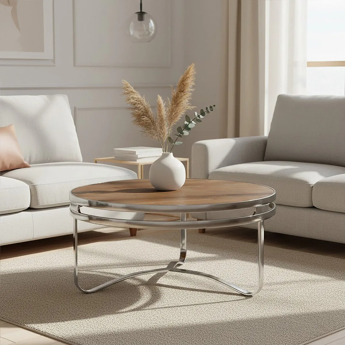 Natural Pine Wood Round Coffee Table With Metal Silver Curved Leg Base, Richmond