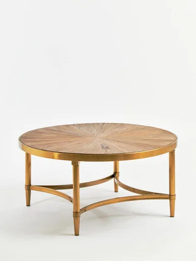 Gold Aged Fir Wood Rustic Top Coffee Table With Stainless Steel Curved Base, Jana