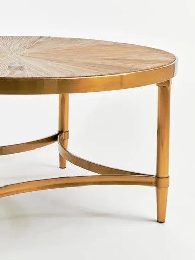 Gold Aged Fir Wood Rustic Top Coffee Table With Stainless Steel Curved Base, Jana