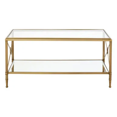 Gold Tarnished Brass Frame Coffee Table With Two-Tier Glass Shelves, Axis