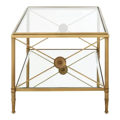 Gold Tarnished Brass Frame Coffee Table With Two-Tier Glass Shelves, Axis